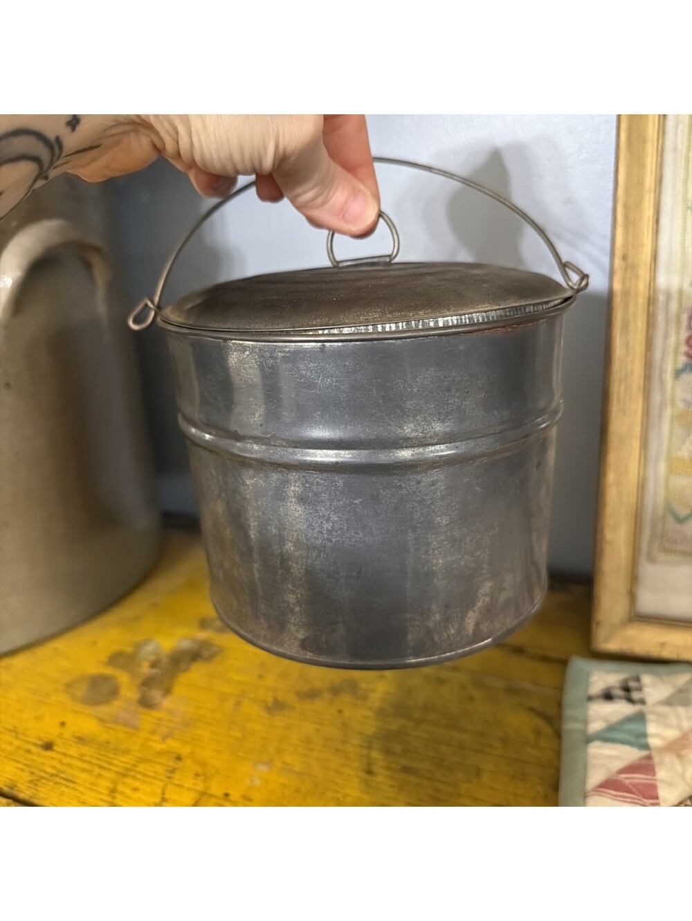 Antique 1800s Primitive Small Tin Berry Bucket Lunch Pail W/ Tight Lid Farmhouse - Picture 14 of 14